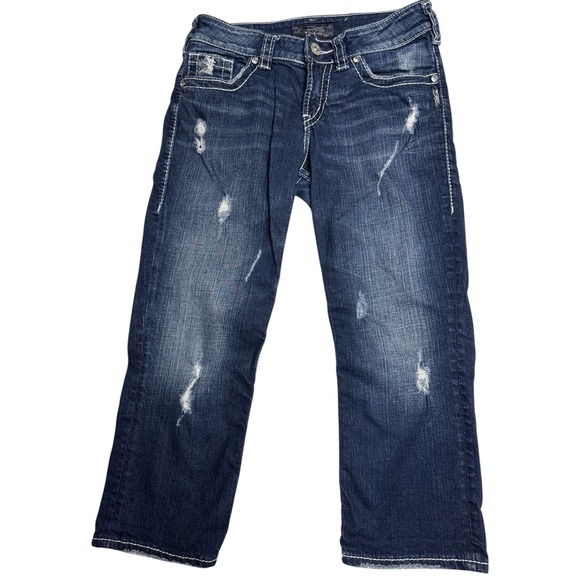 Women's Sz 28 Silver Suki Flap Capri Low Rise Distressed - Picture 2 of 5